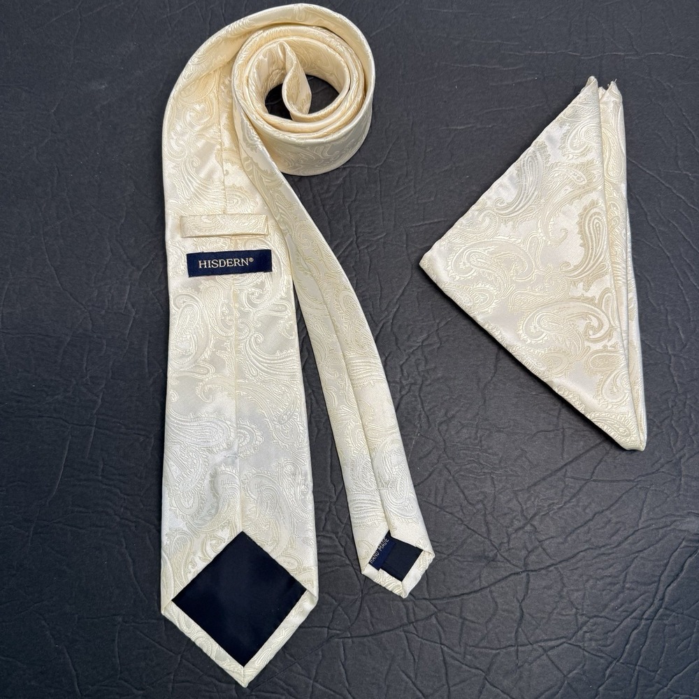 HISDERN Tie & Square Pocket Set for Men Ivory Paisley tie -3,25"